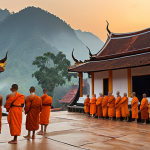 A scenic view of Luang Prabang, capturing the serene atmosphere with monks in orange robes collecting alms during Tak Bat ceremony at dawn, set against a backdrop of traditional Lao architecture and misty mountains.