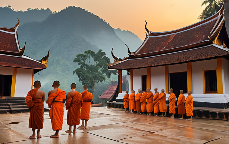 A scenic view of Luang Prabang, capturing the serene atmosphere with monks in orange robes collecting alms during Tak Bat ceremony at dawn, set against a backdrop of traditional Lao architecture and misty mountains.