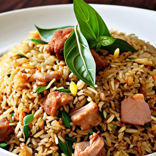Home 14 A plate of Khao Pad (Laotian fried rice) with pork, garnished with Laos basil and a lime wedge.