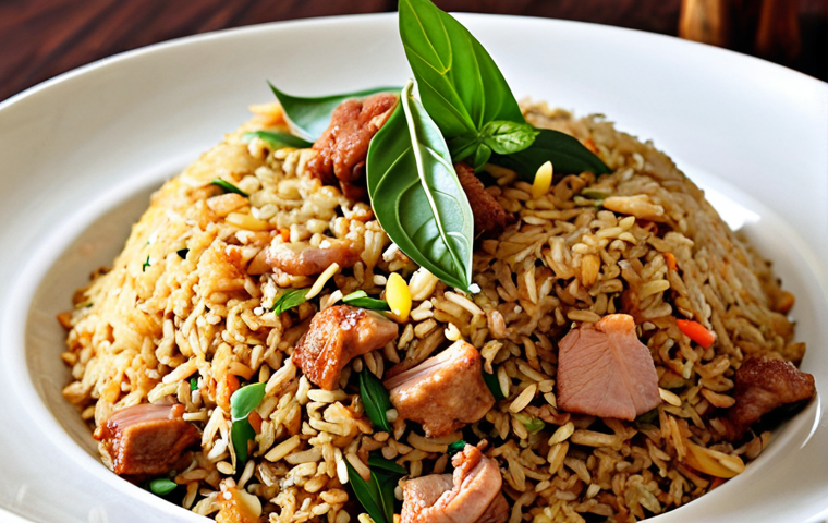 A plate of Khao Pad (Laotian fried rice) with pork, garnished with Laos basil and a lime wedge.