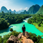 A person in modest, professional trekking attire stands on a rocky outcrop, observing a panoramic view of lush green mountains, a pristine emerald river, and a cascading hidden waterfall in the remote wilderness of Laos. The sky above is clear and vast, hinting at the potential for a starry night. The lighting is natural and ambient, emphasizing the grandeur of nature. This wide-angle shot features the individual as a small yet significant part of the vast landscape, creating a sense of awe and discovery. perfect anatomy, correct proportions, natural pose, well-formed hands, proper finger count, natural body proportions, safe for work, appropriate content, fully clothed, professional.