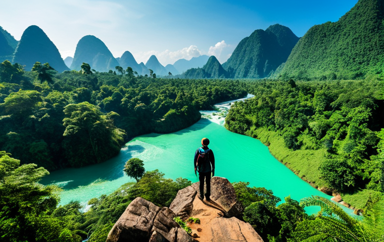 A person in modest, professional trekking attire stands on a rocky outcrop, observing a panoramic view of lush green mountains, a pristine emerald river, and a cascading hidden waterfall in the remote wilderness of Laos. The sky above is clear and vast, hinting at the potential for a starry night. The lighting is natural and ambient, emphasizing the grandeur of nature. This wide-angle shot features the individual as a small yet significant part of the vast landscape, creating a sense of awe and discovery. perfect anatomy, correct proportions, natural pose, well-formed hands, proper finger count, natural body proportions, safe for work, appropriate content, fully clothed, professional.
